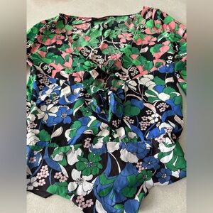Zara Floral Print Bodysuit with Green and Pink Accents Tie Front Detail